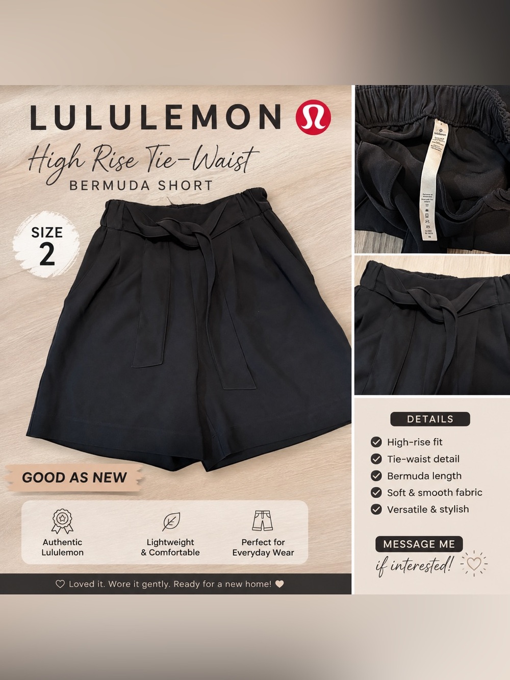 lululemon athletica Black High-Rise Tie-Waist Bermudas